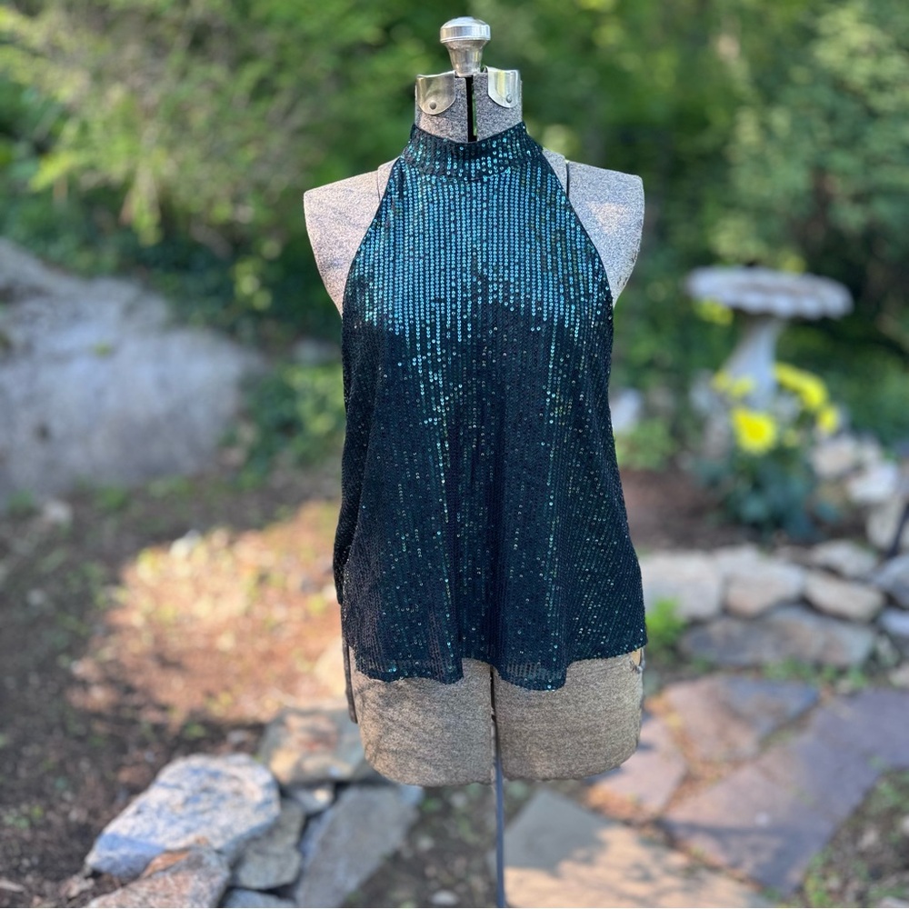 Green Sequin Halter Sleeveless Tank Top